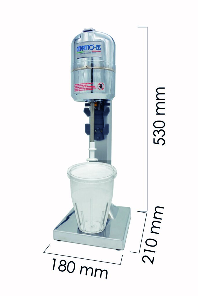 Frappe Blender mit einem Kunsstoff Behälter, zum Aufstellen auf der Theke. Ausgestattet mit starken Motoren, Hauptschalter und Mikroschalter für den Arbeitsbeginn Ideal zur Zubereitung von klassischen Milchshakes mit Milch oder Kaffee mit Crushed Ice, oder der neuen Art, mit Eis in verschiedenen Geschmacksrichtungen plus Milch